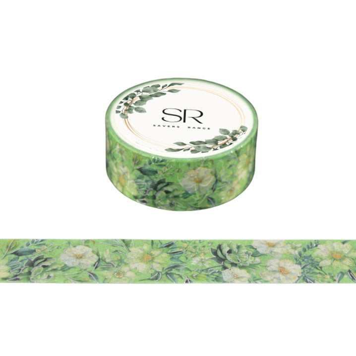 Flowers on Green - foil washi tape