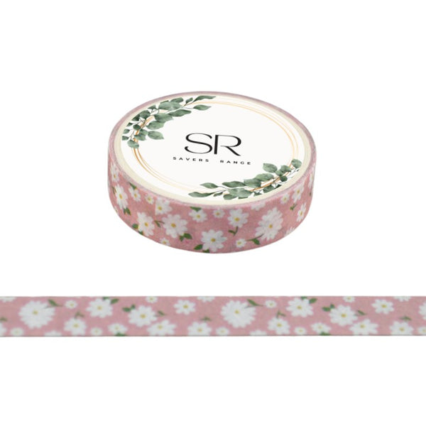 White Flowers on Pink - Thin washi tape (10mm)