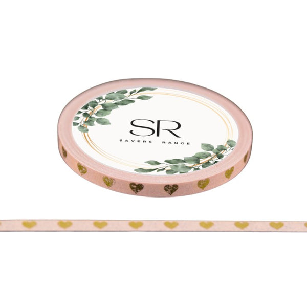 Gold Hearts on Pink - Thin foil washi tape (3mm)